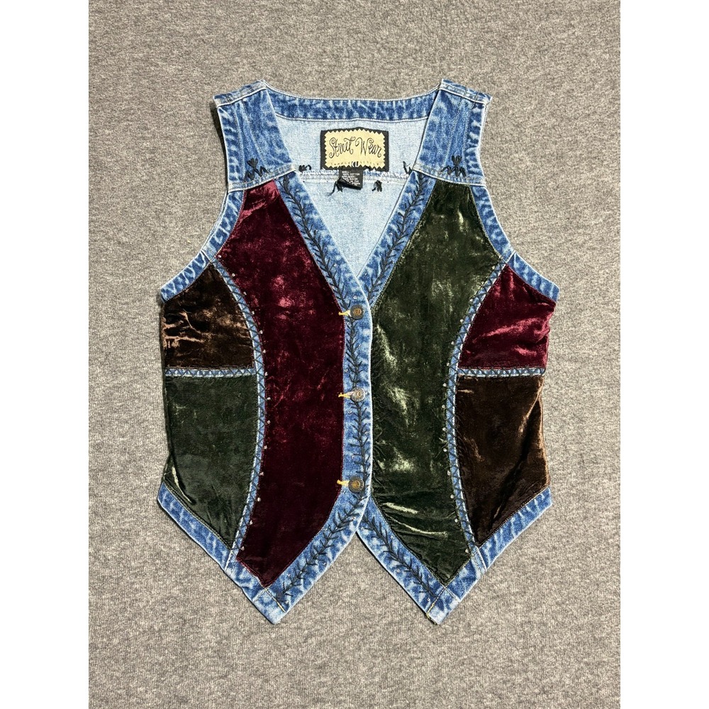 Carol Little Festival Denim Vest Womens Large Multi Velvet Patchwork Embellished